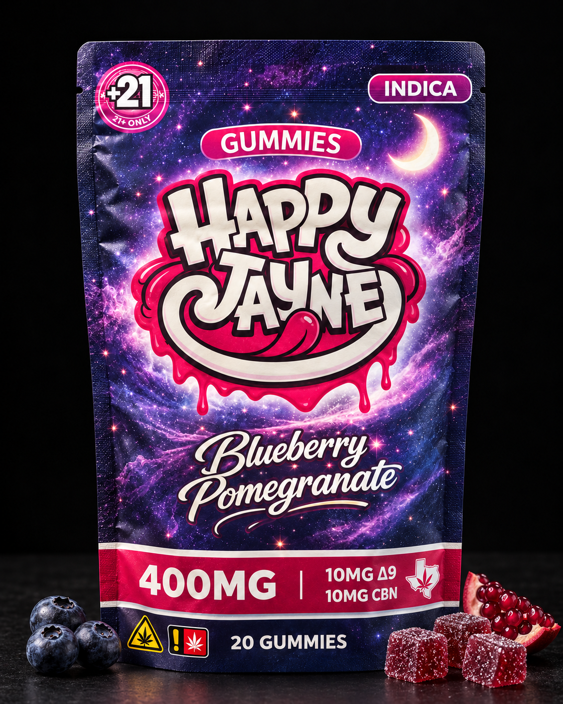 Happy Jayne Blueberry Pomegranate front pouch with fruit and sugar-coated gummies