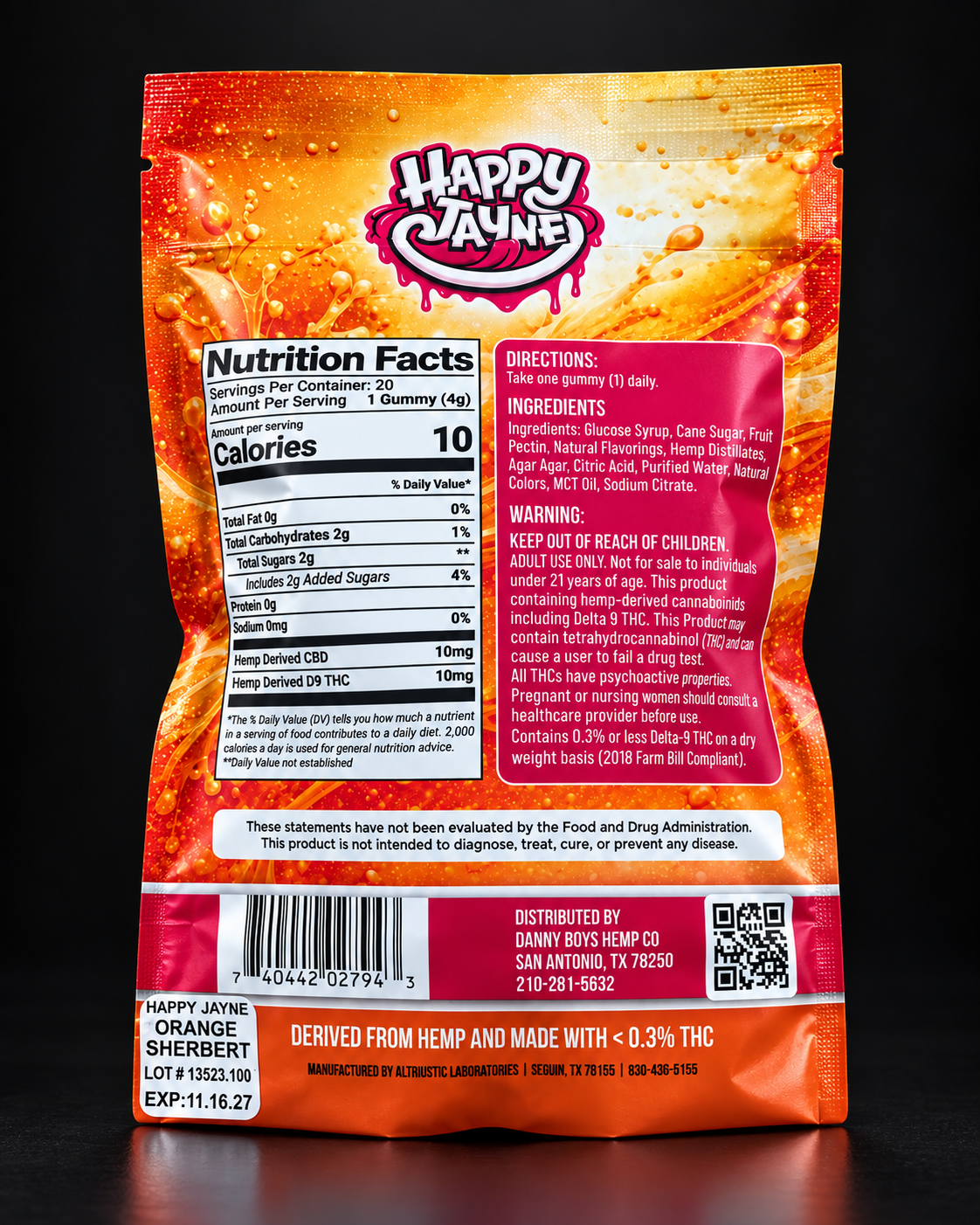 Orange Sherbert back-of-bag packaging