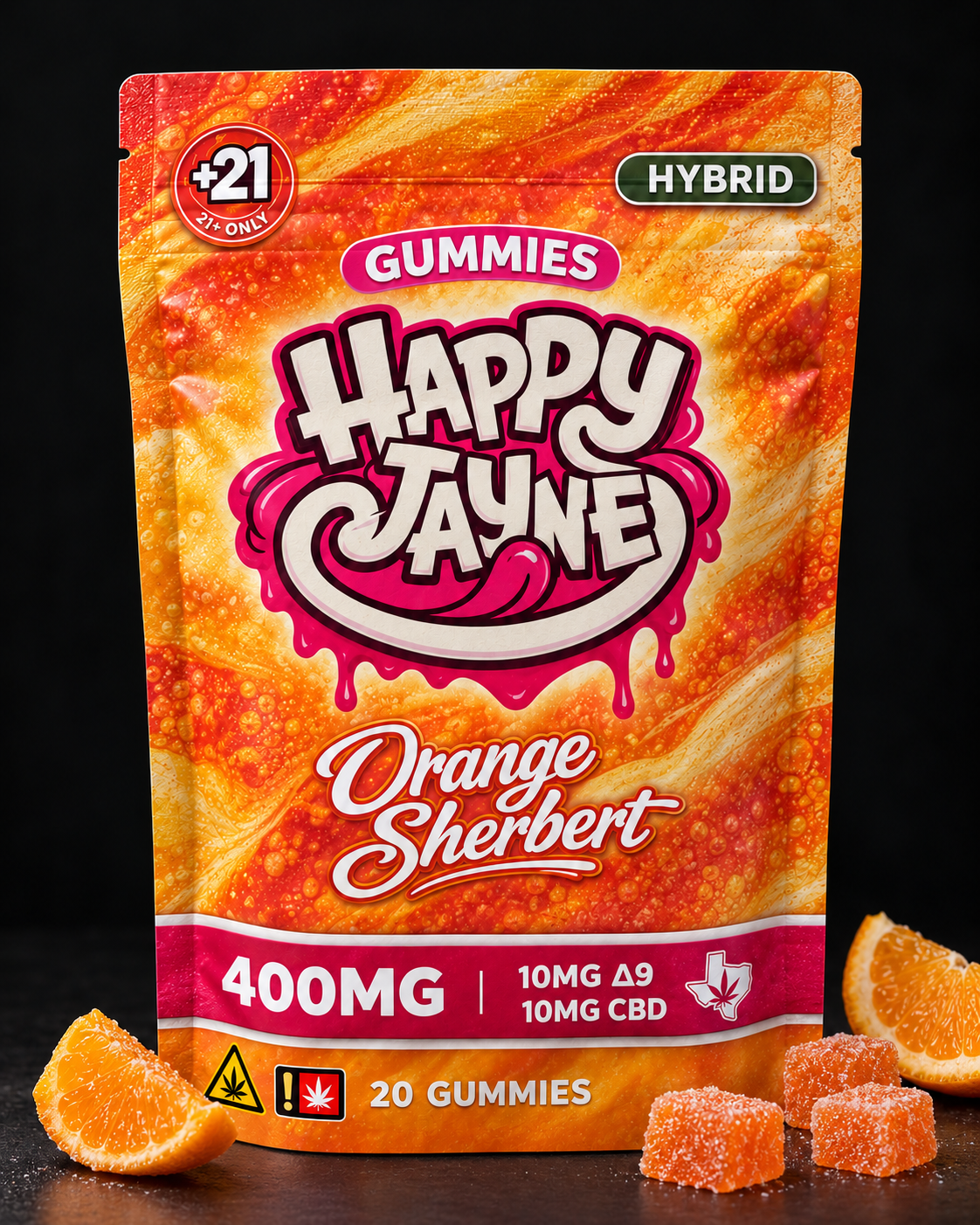Happy Jayne Orange Sherbert front pouch with fruit and sugar-coated gummies