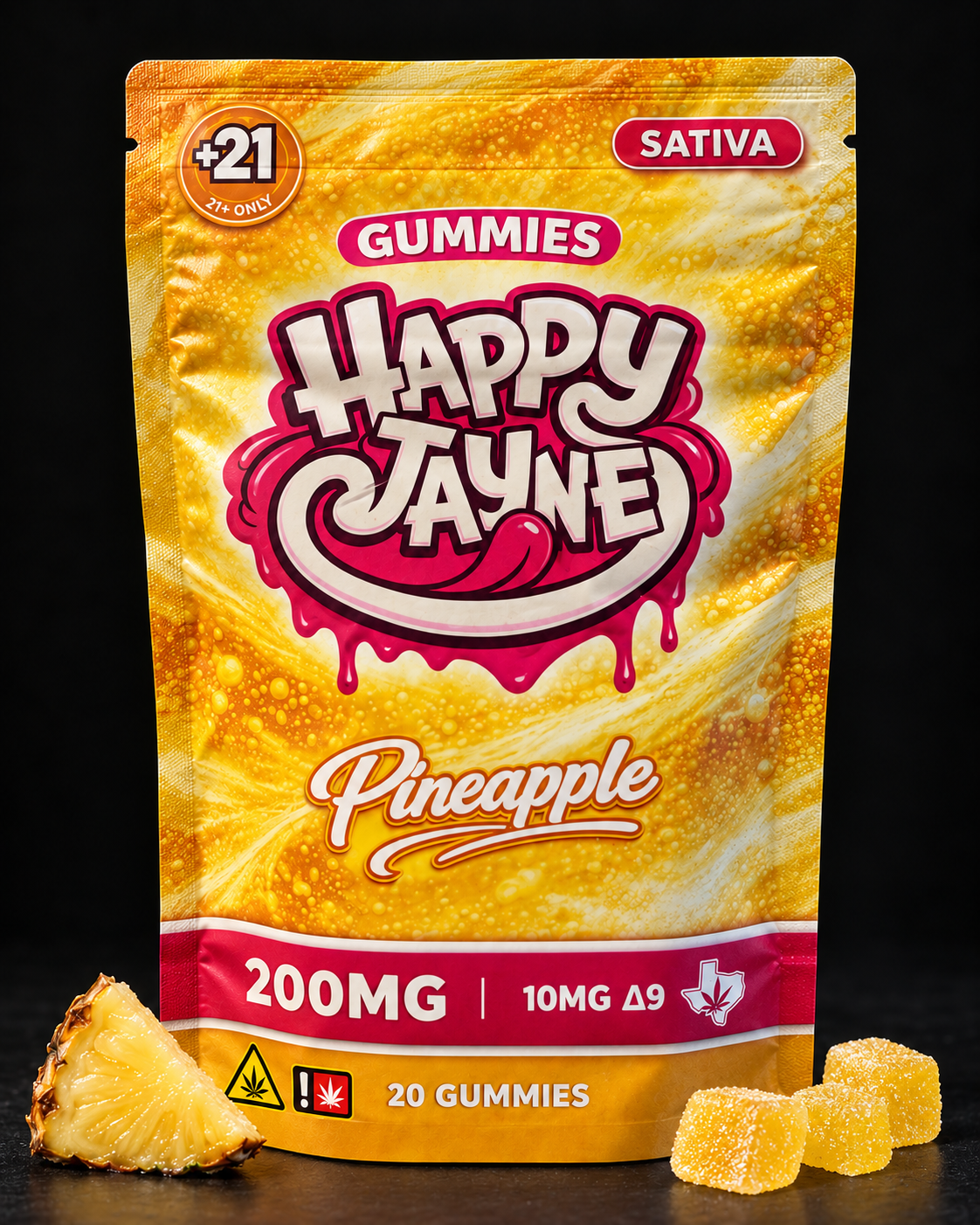 Happy Jayne Pineapple front pouch with fruit and sugar-coated gummies